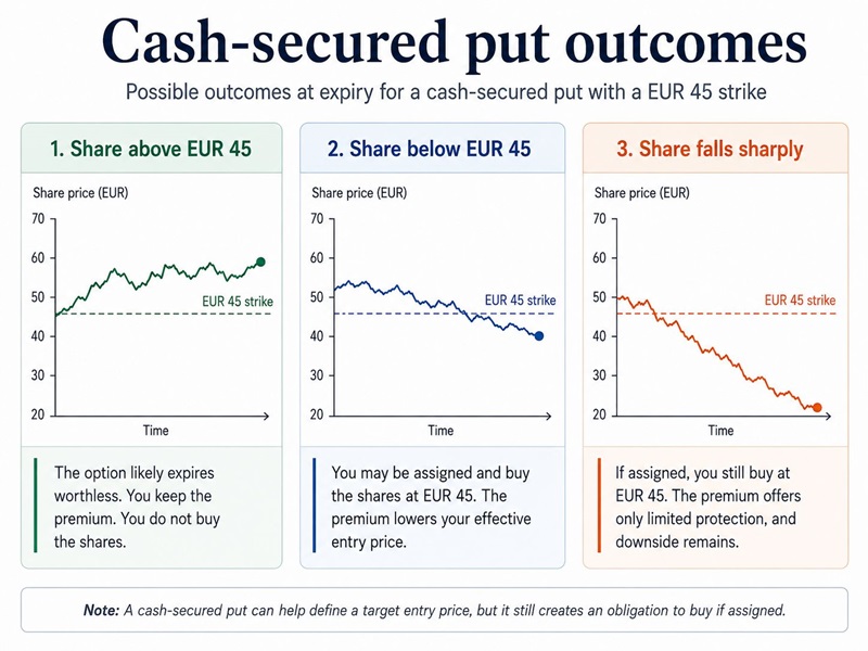 Table showing possible cash-secured put outcomes when the share price stays above the strike, falls below the strike, or falls sharply.